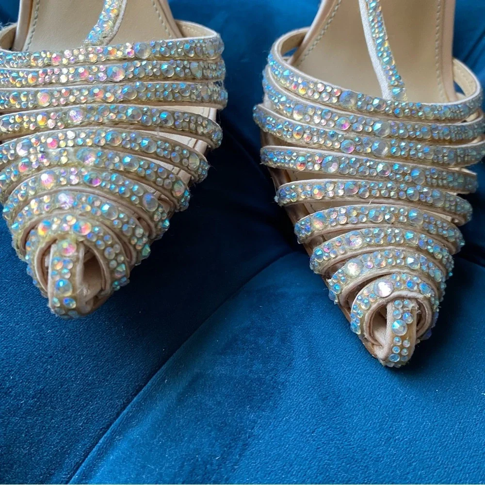 Betsey Johnson Nude Crystal Embellished T-Strap Heels